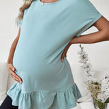 Camiseta Premama Con Dobladillo Con Volantes De Color Liso