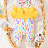 2 Piezas/set Jumpsuit Casual Y Adorable De Estilo De Pascua Con Patron De Conejo Colorido Y Lazo Para Ninas, Incluyendo Banda Para El Cabello