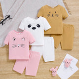 Conjunto De Ropa De Hogar De Varias Piezas Para Bebe, Ajustado, Impreso Con Expresiones De Animales Y Con Pantalones Cortos De Dibujos Animados Para Nina.