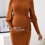 Vestido De Maternidad Con Cuello Alto, Manga Leg Of Mutton Y Cinturon