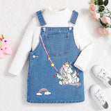 Young Girl New Casual Loose Comfortable Denim Overall Dress In Blue With Cute Unicorn Print