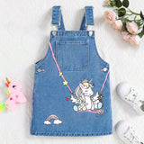 Young Girl New Casual Loose Comfortable Denim Overall Dress In Blue With Cute Unicorn Print