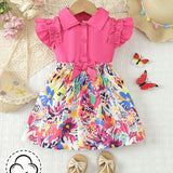Vestido Casual Rosa Con Estampado Floral Elegante, Romantico Y Lindo Para Bebes Ninas, Primavera/verano