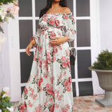 Vestido De Maternidad Con Estampado Floral Y Cuello Descubierto