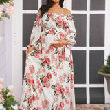 Vestido De Maternidad Con Estampado Floral Y Cuello Descubierto