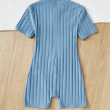 Girls' Knitted Solid Color Short Jumpsuit With Stand Collar, Casual Style