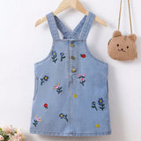 Young Girl Vacation & Leisure Blue Denim Overall Dress With Floral Embroidery