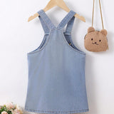 Young Girl Vacation & Leisure Blue Denim Overall Dress With Floral Embroidery