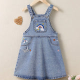 Young Girl Rainbow Embroidery Trendy Casual Denim Overall Dress