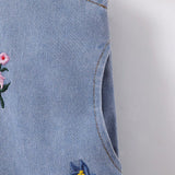 Young Girl Vacation & Leisure Blue Denim Overall Dress With Floral Embroidery