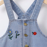 Young Girl Vacation & Leisure Blue Denim Overall Dress With Floral Embroidery