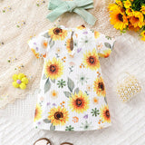 2 Piezas/set Vestido Estampado De Girasol Para Ninas Con Diadema, Ropa Informal De Uso Diario, Primavera/verano