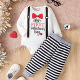 Conjunto De Body Con Estampado De Lazo Y Pantalon A Rayas Para Nino Pequeno