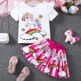 Conjunto De Camiseta Y Falda Con Estampado Encantador De Unicornio Para Ninas Pequenas