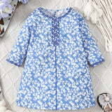 Vestido De Manga Larga Con Estampado Floral Azul Para Nina Para Primavera / Verano