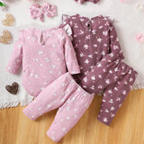 Conjunto De 2 Piezas Para Ropa De Hogar De Bebes Ninas, Con Pieza Unica De Manga Larga Con Volantes Y Pantalones Largos Con Estampado Floral Lindo