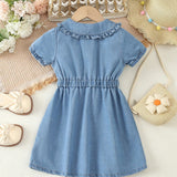 Young Girl Casual Comfortable Doll Collar Short Sleeve Denim Dress, Simple Style