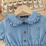 Young Girl Casual Comfortable Doll Collar Short Sleeve Denim Dress, Simple Style