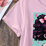 Camiseta Estampada De Manga Corta Con Imagen De Retrato Y Estampado De Slogan De Nina Tween