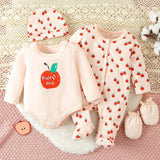 Conjunto Para Bebe Nina De 2 Piezas De Mameluco Con Estampado De Manzana Y Letras Y Pantalon A Juego, Ropa De Hogar.