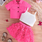 Conjunto De 3 Piezas Para Bebe Nina, Camiseta Con Mangas Cortas Y Detalles Vuelta, Falda De Malla Con Decoracion De Mariposas Y Top Con Tirantes