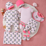 Conjunto De Regalo De 10 Piezas Para Bebe Nina Con Estampado De Orejas De Oso Que Incluye Mameluco, Pantalones Largos, Gorro, Babero Y Manta