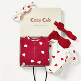 Cozy Cub Conjunto De Regalo De Mameluco De Manga Larga Con Cuello Redondo Con Patron De Corazon Para Recien Nacida, Con Pantalon Largo, Diadema Y Hombro Superpuesto (ninas)