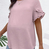 Blusa De Manga Corta Solida Para Maternidad Con Detalles De Volantes