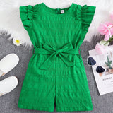 Tween Girls' Round Neck Pleated Double Layer Short Sleeve Jumpsuit With Detachable Belt