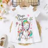 Vestido encantador de manga corta de hombros al descubierto para bebe nina con patron de unicornio y letras dibujadas