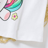 Vestido encantador de manga corta de hombros al descubierto para bebe nina con patron de unicornio y letras dibujadas