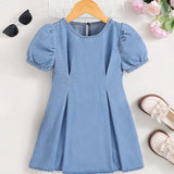 Young Girl's Blue Puff Short Sleeve Denim Dress With Gathered Waist