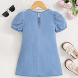Young Girl's Blue Puff Short Sleeve Denim Dress With Gathered Waist