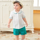 Conjunto De Camisa De Manga Corta De Cuello De Muneca Para Bebe Nino Y Pantalones Cortos Casuales, Perfecto Para Sesiones De Fotos Al Aire Libre