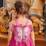 Vestido Primavera/verano Para Nina Con Pliegues, Espalda De Malla Con Mariposa, Hermoso Y Casual, Color Rosa Caliente