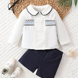 Conjunto De 2 Piezas Fresco Y Elegante Compuesto Por Una Camisa De Manga Larga Y Shorts Impresos Con Diseno Artistico Casual, Adecuado Para Bebes Varones