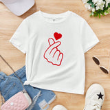 Camiseta De Manga Corta Con Estampado De Corazon Y Gesto De Mano Del Dia De San Valentin Para Ninas Preadolescentes Para El Verano