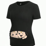 Camiseta de maternidad con impresion de dibujos animados, casual y sencilla, adecuada para verano, ajuste delgado