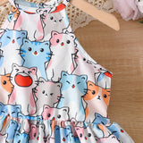 Lindo Vestido Sin Mangas Con Cuello Halter Y Estampado De Gato Para Ninas Jovenes, Estilo Casual A-line Con Sombrero Para El Verano