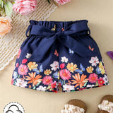 Shorts Casuales Y Bonitos De Bebe Para Nina Con Estampado Floral En Primavera/verano De Color Azul Oscuro