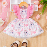 Vestido De Color Bloque Casual Y Lindo Con Estampado De Patron De Conejo Y Volantes Para Bebe Nina, Perfecto Para Semana Santa