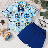 Boys' Gentleman Summer Suit, Hot Air Balloon Printed Short Sleeve Shirt With Bow Tie + Shorts Two Piece Set