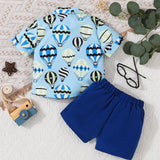 Boys' Gentleman Summer Suit, Hot Air Balloon Printed Short Sleeve Shirt With Bow Tie + Shorts Two Piece Set