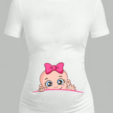 Camiseta de maternidad de manga corta ajustada con estampado de bebe animado