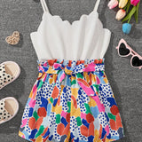 Tween Girls' Urban Style Printed Splicing Strap Romper Shorts For Spring/Summer