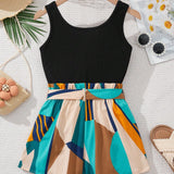 Tween Girls' Urban Chic Spring/Summer Knit Patchwork Floral Romper Shorts
