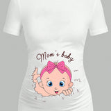 Camiseta de maternidad entallada con estampado de letra y personaje de dibujos animados