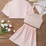 Conjunto De 3 Piezas Para Ninas Preadolescentes Que Incluye Chaleco De Cuello Halter, Camiseta Corta Y Falda