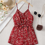 Tween Girl's Woven Floral Print V-Neck Spaghetti Strap Loose-Fitting Jumpsuit With Elastic Waist