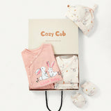 Cozy Cub Cardigan De Manga Larga Con Patron De Conejo Bonito Para Bebe Recien Nacido Con Pantalones Con Patas, Sombrero Y Guantes 6 Unids/set